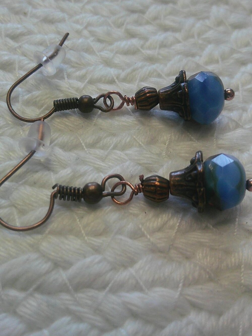 Striking BLUE/BROWN CZECH BEADS Handmade Copper Dangle Earrings #340F